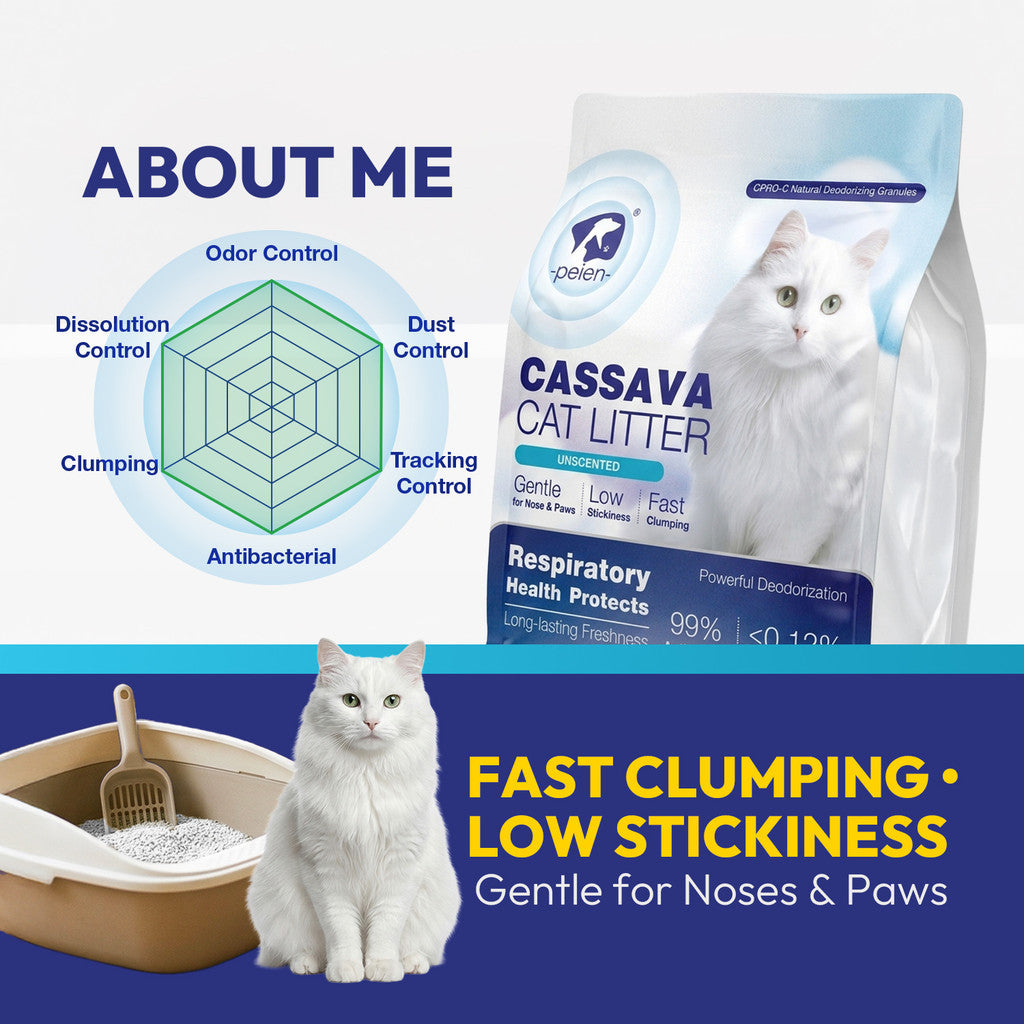 PEIEN Cassava Cat Litter [1.25kg] | Low Dust Fast Clumping Plant-Based Cat Litter | Respiratory Friendly