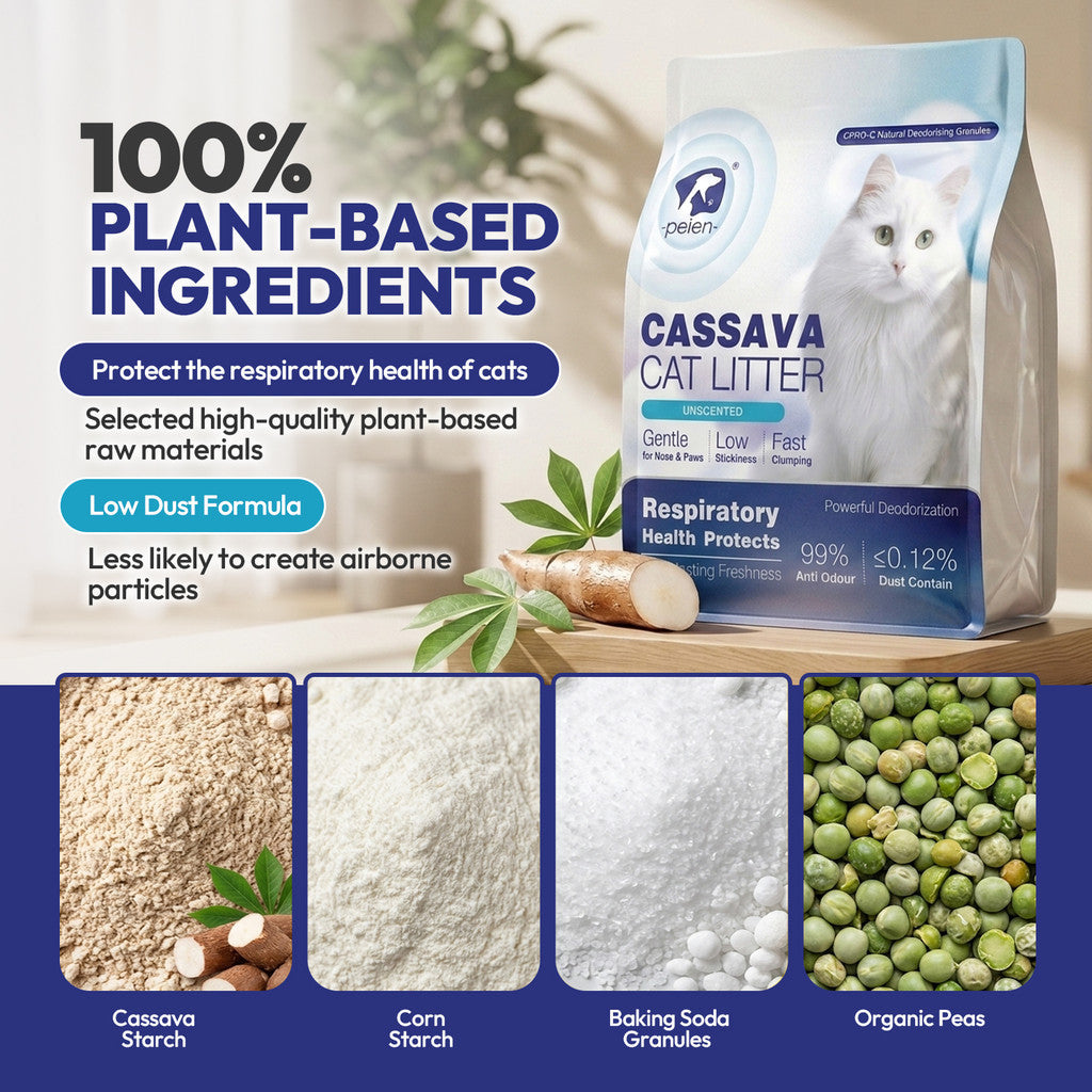 PEIEN Cassava Cat Litter [1.25kg] | Low Dust Fast Clumping Plant-Based Cat Litter | Respiratory Friendly